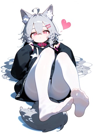 1girl, solo, long hair, looking at viewer, bangs, simple background, hair ornament, long sleeves, white background, animal ears, hair between eyes, tail, full body, ahoge, grey hair, heart, pantyhose, lying, hairclip, hood, on back, pink eyes, nail polish, collar, feet, animal ear fluff, sleeves past wrists, hoodie, toes, no shoes, soles, wolf ears, hood down, foreshortening, wolf tail, white pantyhose, wolf girl, foot focus, black hoodie, vivid color, masterpiece, best quality, amazing quality, very aesthetic, absurdres, depth of field, score_9, score_8, score_7, score_6,sexy girl
