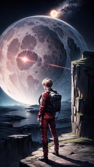 (best quality), (high resolution), (UHQ, 4k resolution, 8k), (character: man), image is a digital art piece depicting a man standing on a cliff, overlooking a planet and two moons. The man is dressed in a red suit and is wearing a backpack. The planet in the background has a blue and white color scheme with a red glow around it, and the two moons share the same colors. The scene is set against a dark sky filled with stars. The foreground features a rocky cliff where the man stands, adding a sense of depth and scale to the image.
