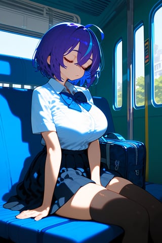 1girl, solo, breasts, short hair, bangs, skirt, large breasts, shirt, thighhighs, hair between eyes, sitting, school uniform, blue hair, closed eyes, white shirt, purple hair, ahoge, short sleeves, thighs, multicolored hair, pleated skirt, collared shirt, black thighhighs, miniskirt, black skirt, bag, zettai ryouiki, streaked hair, feet out of frame, sleeping, between legs, school bag, hand between legs, train interior, vivid color, masterpiece, best quality, amazing quality, very aesthetic, absurdres, depth of field, score_9, score_8, score_7, score_6,sexy girl