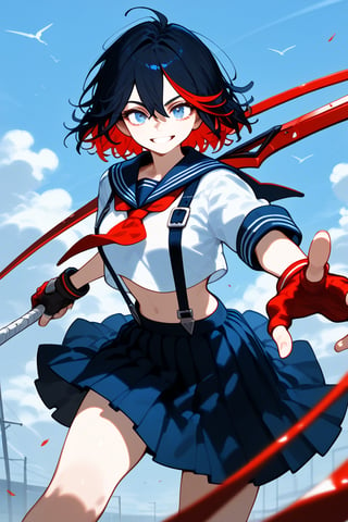 1girl, solo, looking at viewer, smile, short hair, blue eyes, skirt, black hair, gloves, school uniform, weapon, red hair, multicolored hair, pleated skirt, serafuku, fingerless gloves, black skirt, two-tone hair, streaked hair, suspenders, foreshortening, red gloves, single glove, scissor blade, matoi ryuuko, senketsu, vivid color, masterpiece, best quality, amazing quality, very aesthetic, absurdres, depth of field, score_9, score_8, score_7, score_6,sexy girl