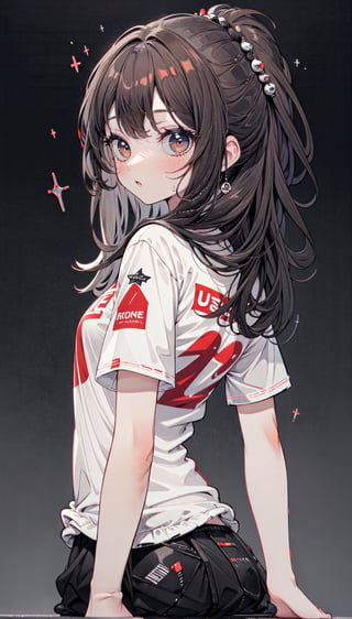 (best qualite), (UHQ, 8k, high resolution), (character: girl), 1girl, solo, long hair, brown hair, red T-shirt, ((backraound: soft black)),1girl