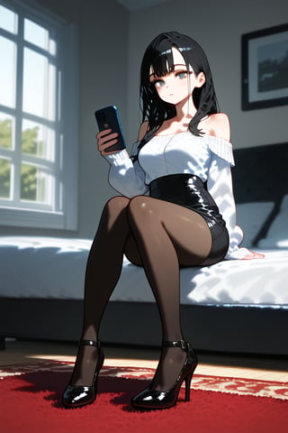 1girl, solo, long hair, skirt, shirt, black hair, long sleeves, holding, bare shoulders, sitting, full body, white shirt, pantyhose, thighs, indoors, black skirt, off shoulder, black footwear, high heels, legs, sleeves past wrists, black pantyhose, window, bed, phone, cellphone, smartphone, pencil skirt, holding phone, knees together feet apart, bedroom, carpet, vivid color, masterpiece, best quality, amazing quality, very aesthetic, absurdres, depth of field, score_9, score_8, score_7, score_6,sexy girl