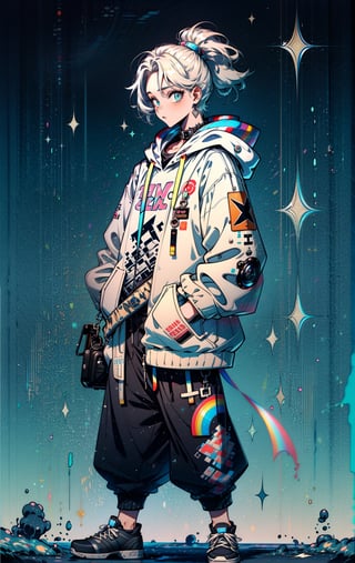 (best quality), (UHQ, 8k, high resolution), Generate a detailed and imaginative description of an anime-style character, a boy exuding a distinctive and fashionable vibe, dressed in a hoodie and black pants. Envision the character's appearance with attention to anime aesthetics, highlighting expressive features, a unique hairstyle, and any accessories that add flair to the overall design. Describe the hoodie and black pants with creative nuances, considering any patterns, symbols, or accessories that contribute to the character's individuality. Explore the character's posture, facial expression, and the surrounding elements to craft a cohesive anime-style scene. Capture the essence of a stylish and confident anime boy, showcasing the synergy between a trendy hoodie and black pants, exuding a sense of contemporary coolness and youthful charm,sle