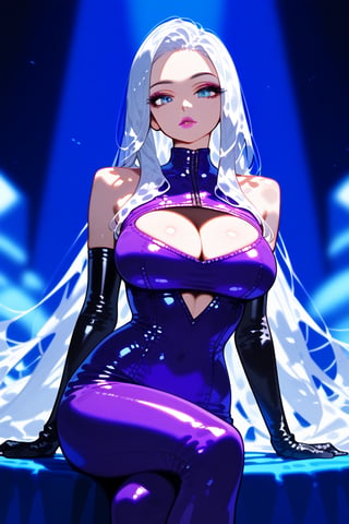 1girl, solo, long hair, breasts, looking at viewer, blue eyes, large breasts, gloves, dress, cleavage, bare shoulders, sitting, very long hair, closed mouth, white hair, elbow gloves, shiny, lips, shiny skin, clothing cutout, bodysuit, makeup, cleavage cutout, lipstick, skin tight, purple dress, shiny clothes, purple gloves, latex, purple bodysuit, vivid color, masterpiece, best quality, amazing quality, very aesthetic, absurdres, depth of field, score_9, score_8, score_7, score_6,sexy girl