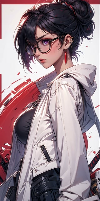 1girl, solo, breasts, looking at viewer, simple background, black hair, gloves, long sleeves, jewelry, closed mouth, purple eyes, jacket, weapon, earrings, glasses, sword, hair bun, from side, lips, coat, piercing, single hair bun, sunglasses, white jacket, katana, sheath, ear piercing, red background, sheathed, round eyewear, tinted eyewear, yellow-framed eyewear