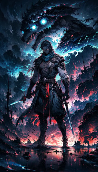 (best qualite), (UHQ, 8k, high resolution), (character: man), generate a dark man, the man holding a glowing blue sword, surrounded by an ominous and intense atmosphere.,1guy,sle