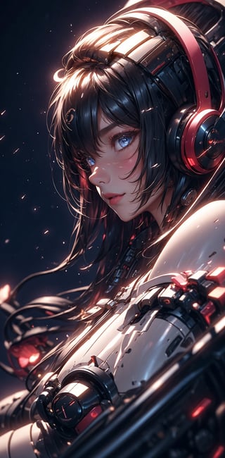 (character: girl), Generate a detailed portrait of a girl with a strong, chiseled jawline and a confident expression, facing towards the right. He is immersed in the world of music, wearing sleek and stylish headphones that cover his right ear. The headphones are adorned with subtle, glowing accents.

The ambient light reveals a hint of a subtle smile playing on his lips, capturing the joy and intensity of the music he's listening to. His eyes, expressive and focused, reflect the rhythmic journey within. Strands of hair escape from beneath the headphones, adding a touch of casual charm.

The subtle play of shadows highlights the contours of his face, emphasizing the passion and emotion etched on his features. The details of the headphones, the texture of his skin, and the nuances of his expression all contribute to a captivating portrayal of a man lost in the sonic world.

Feel free to use this prompt to inspire the creation of an image that captures the emotion and detail of a man wearing headphones in a right-side view, with a focus on his face and the immersive experience of music, Photographic cinematic super super high detailed super realistic image, 4k HDR high quality image, masterpiece 