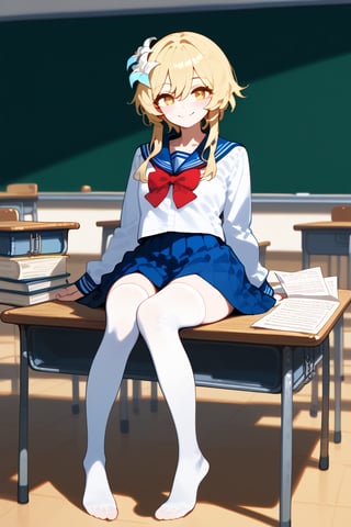 1girl, solo, looking at viewer, blush, smile, bangs, skirt, blonde hair, shirt, thighhighs, long sleeves, bow, hair between eyes, closed mouth, school uniform, full body, yellow eyes, white shirt, sidelocks, pleated skirt, serafuku, alternate costume, indoors, bowtie, sailor collar, blurry, red bow, white thighhighs, blue skirt, zettai ryouiki, book, no shoes, blue sailor collar, red bowtie, short hair with long locks, desk, paper, classroom, chalkboard, on desk, lumine \(genshin impact\), vivid color, masterpiece, best quality, amazing quality, very aesthetic, absurdres, depth of field, score_9, score_8, score_7, score_6,sexy girl