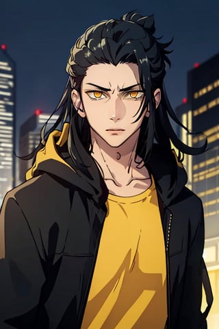 1boy, thug, getou, black jacket hoodie with yellow parts, open jacket, techwear, upper body, look at viewer, detailed face, detailed eyes, only 1 hair bun, yellow eyes, glowy eyes, glow eyes, long hair, black hair, hair on the right side, yellow lights in the background, chains, city by night background, serious look, front body, closed mouth, night city atmosphere,Solo Levelling