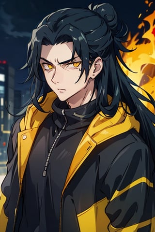 1boy, thug, getou, black jacket hoodie with yellow parts, open jacket, techwear, upper body, look at viewer, detailed face, detailed eyes, only 1 hair bun, yellow eyes, glowy eyes, glow eyes, long hair, black hair, hair on the right side, yellow lights in the background, chains, city by night on fire background, serious look, front body, closed mouth, night city atmosphere, glowy fire, badass,