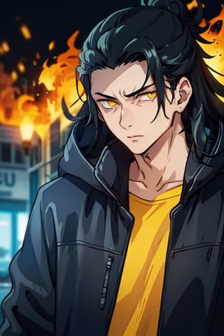 1boy, thug, getou, black jacket hoodie with yellow parts, open jacket, techwear, upper body, look at viewer, detailed face, detailed eyes, only 1 hair bun, yellow eyes, glowy eyes, glow eyes, long hair, black hair, hair on the right side, yellow lights in the background, chains, city by night on fire background, serious look, front view, closed mouth, night city atmosphere, glowy fire, badass, glow effects,