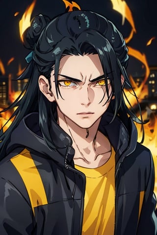 1boy, thug, getou, black jacket hoodie with yellow parts, open jacket, techwear, upper body, look at viewer, detailed face, detailed eyes, only 1 hair bun, yellow eyes, glowy eyes, glow eyes, long hair, black hair, hair on the right side, yellow lights in the background, chains, city by night background, serious look, front body, closed mouth, night city atmosphere, yellow fire from the right eye, badass,