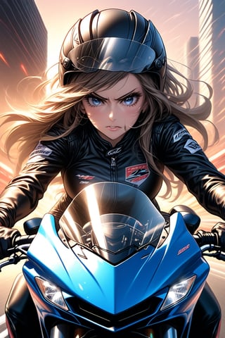 A digital illustration of the face of a biker girl, ((driving a motorcycle)), sexy woman, (Motorcycle helmet closed on the head), (Angry facial expression) , lustful eyes, ultra detailed eyes, well-defined details, HD, (in the background a highway racing), cinematic focus, racing uniform, retouched light, Illustration, Cartographic, Colored Pencil, Dripping Paint, Cinematic, Dramatic, ((Golden Hour)), Third-Person, Isometric, (Lens Distortion), White Balance, 2D, 8K, ((Dinamic pose)), (Get inspired by professional motorcycle racing) 
