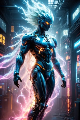((A futuristic robot)), warrior, a man with a muscular body, ((based on the anime Dragon Ball Z)), (robotic face), ((luminous mechanical hair)), illuminated with neon lights, imposing aura, (shibuya background destroyed), shapely body, perfect anatomy, particles around, cinematic luminosity, intense contrast, cinematic blur, ((dynamic pose)), (dynamic camera angle), ((super sayayin)), monochrome,Red mecha,DonM3l3m3nt4lXL,Strong Backlit Particles, (illuminated hair),mecha