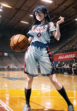 (masterpiece, 1 woman), (albedo from the anime overlord), sexy, (basketball player), (purple leakers uniform), a basketball court in the background, full body, body pose inspired by fashion magazines, HD, perfect anatomy, correct symmetry, cinematic light.