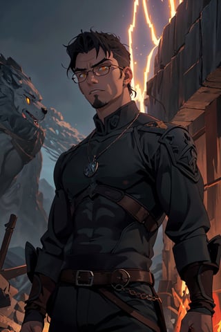((masterpiece)), ((1boy)), young man, short black hair, (small thick eyebrows), old but cool glasses, clothes of the character Gerald de Ridea, metal necklace of a wolf, body thin but masculine, warrior facial expression, apocalyptic fantasy landscape, science fiction, cinematic blur, dynamic lights.,witcher, (iris of the yellow eyes) 