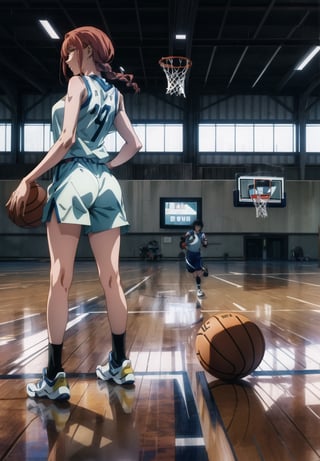 (masterpiece), (1 girl), (Makima from the anime Chainsaw man), 35 years old, (basketball player), ((Women's Sports Uniform)), a basketball court in the background, full body, (Body language inspired by fashion magazines), HD, perfect anatomy, correct symmetry, cinematic light, sleeveless blouse, sexy body. 