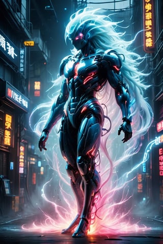 ((A futuristic robot)), warrior, a man with a muscular body, ((based on the anime Dragon Ball Z)), (robotic face), ((luminous mechanical hair)), illuminated with neon lights, imposing aura, (shibuya background destroyed), shapely body, perfect anatomy, particles around, cinematic luminosity, intense contrast, cinematic blur, ((dynamic pose)), (dynamic camera angle), ((super sayayin)), monochrome,Red mecha,DonM3l3m3nt4lXL,Strong Backlit Particles, (illuminated hair),mecha