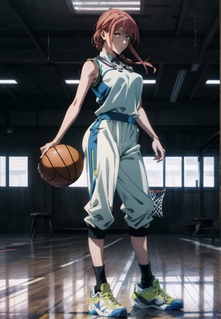 (masterpiece), (1 woman), (Makima from the anime Chainsaw man), ((sexy)), (basketball player), ((leakers uniform)), a basketball court in the background, full body, (Body language inspired by fashion magazines), HD, perfect anatomy, correct symmetry, cinematic light, sleeveless blouse