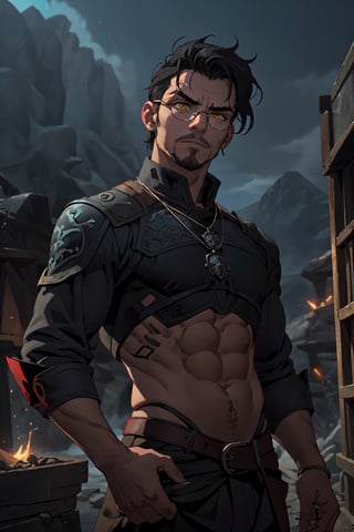 ((masterpiece)), ((1boy)), young man, short black hair, (small thick eyebrows), old but cool glasses, clothes of the character Gerald de Ridea, metal necklace of a wolf, body thin but masculine, warrior facial expression, apocalyptic fantasy landscape, science fiction, cinematic blur, dynamic lights.,witcher, (iris of the yellow eyes) 