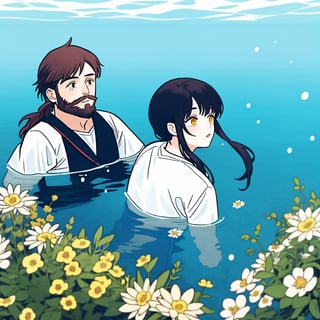 one girl redhaid with one boy with beard and long hair, under_water, marine-flowers,torino,dal,best quality,fujimotostyle