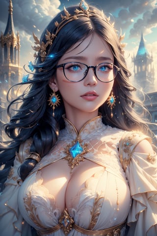 ((masterpiece)), (best quality), (cinematic), a chubby woman in a long white dress, close-up, puddles of water, woman with glasses, wide hips, long black hair, bangs, chubby, wide hips , green eyes, freckles on cheeks, wind, detailed face, detailed body, dark gray sky, glow, clouds, city lights, floating bubbles (cinematic, colorful), (extremely detailed), clouds, highly detailed face