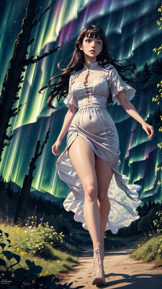 ((masterpiece)), (best quality), (cinematic), a woman in a long white dress, running through an open field, long black hair, bangs, chubby, wide hips, full body, green eyes, freckles on cheeks, wind, detailed face, detailed body, night, aurora in the sky, stars, glow, night landscape, vegetation, vast field, (extremely detailed), highly detailed, detailed face