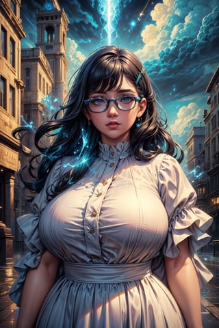 ((masterpiece)), (best quality), (cinematic), a chubby woman in a long white dress, close-up, puddles of water, woman with glasses, wide hips, long black hair, bangs, chubby, wide hips , light green eyes, freckles on cheeks, wind, detailed face, detailed body, gray and dark sky, glow, clouds, city lights, floating bubbles (cinematic, colorful), (extremely detailed), clouds, highly detailed face