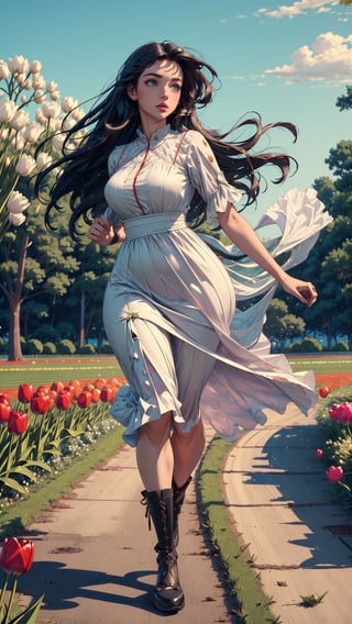 ((masterpiece)), (best quality), (cinematic), a woman in a long dress, running through an open field, long black hair, bangs, chubby, wide hips, full body, green eyes, freckles on cheeks, wind, detailed face, detailed body, field full of tulips, (cinematic, colorful), (extremely detailed)