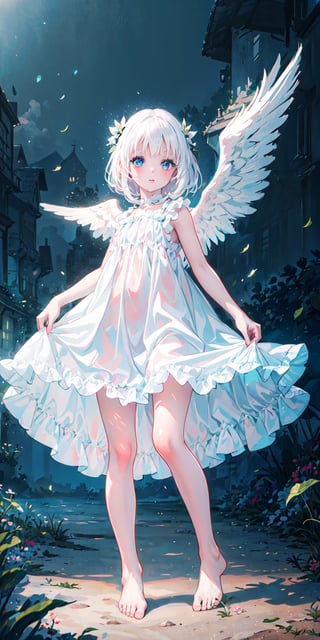 a little girl with white angel wings and white hair, flying, cute, realistic shine, long white dress, barefoot, super detailed image, perfect face, mix of fantasy and realism, hdr, ultra high definition, 4k, 8k