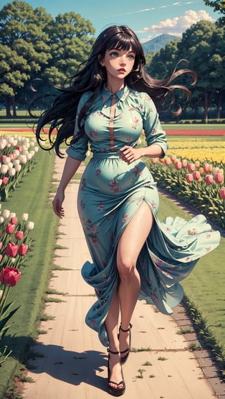 ((masterpiece)), (best quality), (cinematic), a woman in a long dress, running through an open field, long black hair, bangs, chubby, wide hips, full body, green eyes, freckles on cheeks, wind, detailed face, detailed body, field full of tulips, (cinematic, colorful), (extremely detailed)