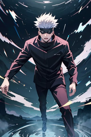 1 boy, Gojo Satoru, full body, black jacket, blindfolded, Jujutsu kaisen, mix of fantasy and realism, special effects, ultra hd, hdr, 4k