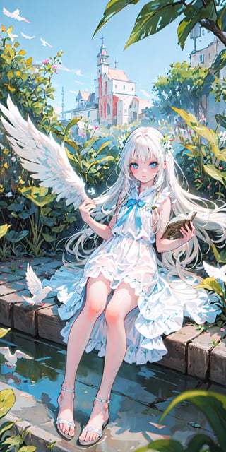 a little girl with white angel wings and long white hair, flying white doves, girl flying with book in her hands, cute, realistic shine, long white dress, barefoot, super detailed image, perfect face, mix of fantasy and realism, hdr , ultra high definition, 4k, 8k