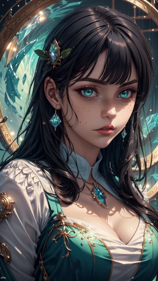 (4k), (masterpiece), (best quality), (extremely complex), (realistic), (sharp focus), (award-winning), (cinematic lighting), (extremely detailed), (epic), A close-up portrait of a chubby woman, serious look, deep look, right hand towards the camera, incredibly detailed hand, long black hair, bangs, mint green eyes, freckles on the face, white dress with collar, no neckline, curvy body, face detailed, perfect eyes, detailed hands, mix of fantasy and realism. elements, vibrant manga, uhd image, crystal clear translucency, vibrant illustrations, the background is a rotating vortex of the four elements