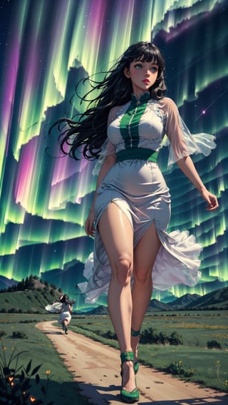 ((masterpiece)), (best quality), (cinematic), a woman in a long white dress, running through an open field, long black hair, bangs, chubby, wide hips, full body, green eyes, freckles on cheeks, wind, detailed face, detailed body, night, aurora in the sky, stars, glow, landscape, vegetation, green plains, (cinematic, colorful), vast field, (extremely detailed), EpicSky, cloud, sky, highly detailed , detailed face