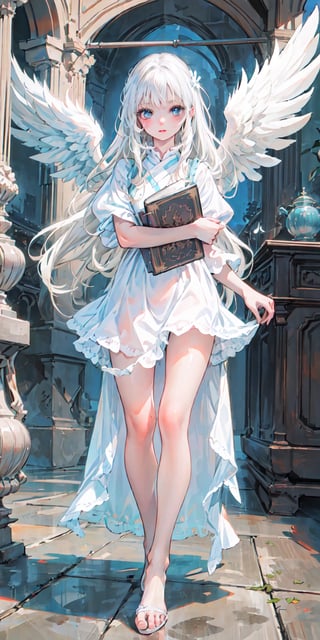 a little girl with white angel wings and long white hair, flying white doves, standing with book in her hands, tender, realistic shine, long white dress, barefoot, super detailed image, perfect face, mix of fantasy and realism, hdr, ultra high definition, 4k, 8k