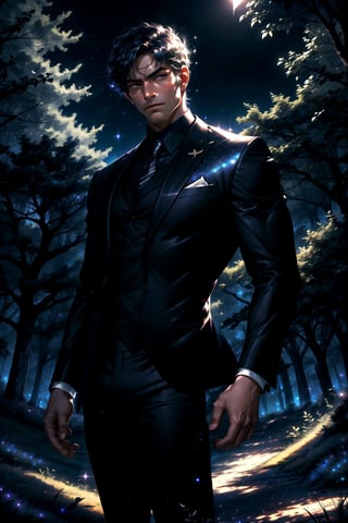 1 boy, serious look, night, mansion background with night trees, black suit with glitter, mix of fantasy and realism, ultra hd, hdr, 4k