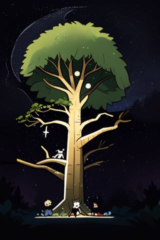 Finalement, Mia guide Léo et Coco vers un grand arbre au centre de la forêt. Ses branches sont dorées et scintillantes à la lueur des étoiles dans le ciel nocturne. Mia explique que cet arbre est le vrai trésor magique de l'île.