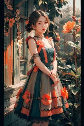 woman, flower dress, colorful, darl background,flower armor,green theme,exposure blend, medium shot, bokeh, (hdr:1.4), high contrast, (cinematic, teal and orange:0.85), (muted colors, dim colors, soothing tones:1.3), low saturation,j3s1,Wearing edgTemptation