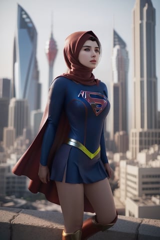 Supergirl outfit, superhero, best quality, ultra high res, (photorealistic:1.4),  1girl,  ,(high detailed skin, detailed eyes:1.1), 8k uhd, dslr, soft lighting, intricate details, best quality, film grain, Fujifilm XT3, analog style, Muslim girl,big lips,hijabsteampunk, full_body,outdoor, shoulder open, abs expose, people surrounding, leg open,v4ni4