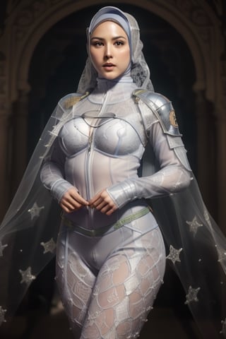 Hijab,ninja lace,superheroes, fly in the sky behind,neck open, 36DD breast,white background, athletic abs,transparent white bodystocking,emily clark face, sexy lips, j3s1,zero suit, full_body,medieval armor
