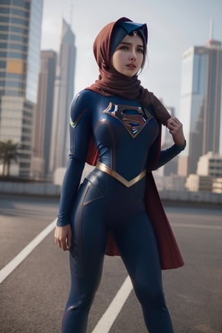 Supergirl outfit, superhero, best quality, ultra high res, (photorealistic:1.4),  1girl,  ,(high detailed skin, detailed eyes:1.1), 8k uhd, dslr, soft lighting, intricate details, best quality, film grain, Fujifilm XT3, analog style, Muslim girl,big lips,hijabsteampunk, full_body,outdoor, shoulder open, abs expose, people surrounding, leg open,v4ni4, leggings, leg_spread pose