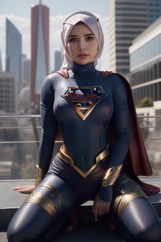 Supergirl outfit, superhero, best quality, ultra high res, (photorealistic:1.4),  1girl,  ,(high detailed skin, detailed eyes:1.1), 8k uhd, dslr, soft lighting, intricate details, best quality, film grain, Fujifilm XT3, analog style, Muslim girl,big lips,hijabsteampunk, full_body,outdoor, shoulder open, abs expose, people surrounding, leg open,v4ni4, leggings, leg_spread pose