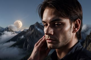 Fullbody photorealistic, best quality, Handsome young Men, man meditating on a high mountain, in a lotus position and in profile, with his hands in prayer, eyes closed, it is night, illuminating the entire landscape with the light of the moon which is high up and can be seen in great detail, In the background you can see silhouettes of 4 surrounding mountains with a clear fog, real life, best shadow, RAW,clear ,high resolution,8K masterpiece, photograph, 1man, extremely handsome, confident posture,intense gaze, minimal background, soft lighting, shadows accentuating muscles, full body, realistic skin, photographic, best quality, high detailed, extremely detailed