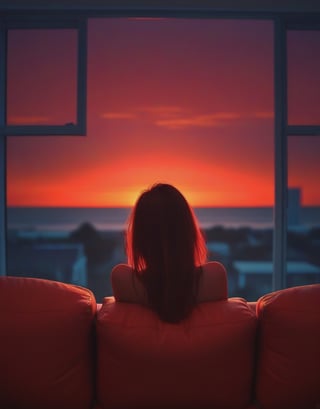 Red Sunset, beautiful, extremely detailed, girl, viewed_from_behind, sofa,