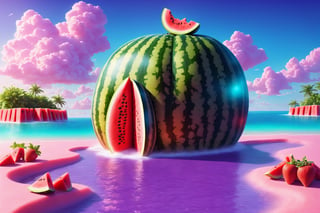 (Masterpiece, best quality:1.3), highly detailed, fantasy, 8k, sweetscape, dynamic, cinematic, ultra-detailed, sweets, oversized watermelon, fantasy, gorgeous, digital illustration, beautiful composition, intricate details, highly detailed, volumetric lighting, house, wafer roof, iridescent, green water, ttropical beach, seaside, fruit,  sky, purple grass, cloud, cookie, sugar, dramatic lighting, beautiful, drip, sparkle, food, cute, glitter, bubble, see-through, transparent, scenery, (no humans), shimmer, drizzle, beautiful, (shiny:1.2), various colors, bloom:0.4, extremely detailed, gradients),more detail XL