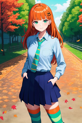 (Masterpiece, Best Quality:1.3), highres, 8k, highly detailed, 2d, top quality, digital illustration, ,sugar_rune, cowboy shot, looking at viewer, focus face, full body, 1girl, solo, perfect face, detailed eyes, ;d, orange hair, long hair, flipped hair, green eyes, (striped thighhighs:1.2), (School uniform, necktie, skirt, loose socks, loafers), (bangs pinned back:1.4), heart hair ornament), standing, (deep depth of field), hand in pocket, leaning, (windy, wind lift), dynamic, halloween, sky, school, shadow, autumn, falling leaves, marker \(medium\), bloom:0.3, ((teal and orange theme)), (bokeh), ((blending)), ,ninjascroll