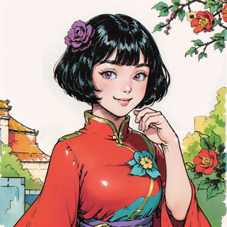(masterpiece, best quality:1.3), digital illustration, 8k resolution, ultra-detailed portrait, rup3rt_Style, faux traditional media, (1girl), upper body, black hair, bob cut, blunt bangs, hair flower, smile, beautiful, chinese dress, purple dress, long sleeves, wide sleeves, happy