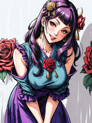 (Masterpiece), (highres), 8k, manga, digital illustration, 2d,  retro artstyle, (ultra-detailed portrait of a woman, sexy, solo, rose, shaded face, hair ornament, leaning forward,  confident, jewelry, colorful, detached sleeves, frill trim, extremely detailed, detailed face, lipstick, straight hair, bangs, red eyes, smile, stylish, expressive, from above, blush, looking to the side,  head tilt,  cowboy shot, fully clothed, (8k resolution),post00d,Hajime_Saitou,,quju,Oiran