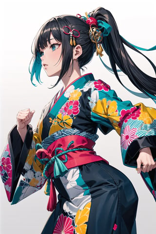 (masterpiece, best quality:1.3), 8k resolution, digital illustration, cover page, gradient, faux traditional media, thick lineart, hirom1tsu, color coordination, bold lineart, 2d, striped print, geometric print, cube, long hair, ponytail, transparent,bandana,hakama,  fighting stance, turning,hair ornament, cowboy shot, shirt,vivid, colorful, haori, (fully clothed:1.3),coat ,eugene_volkan,traditional media,Oiran